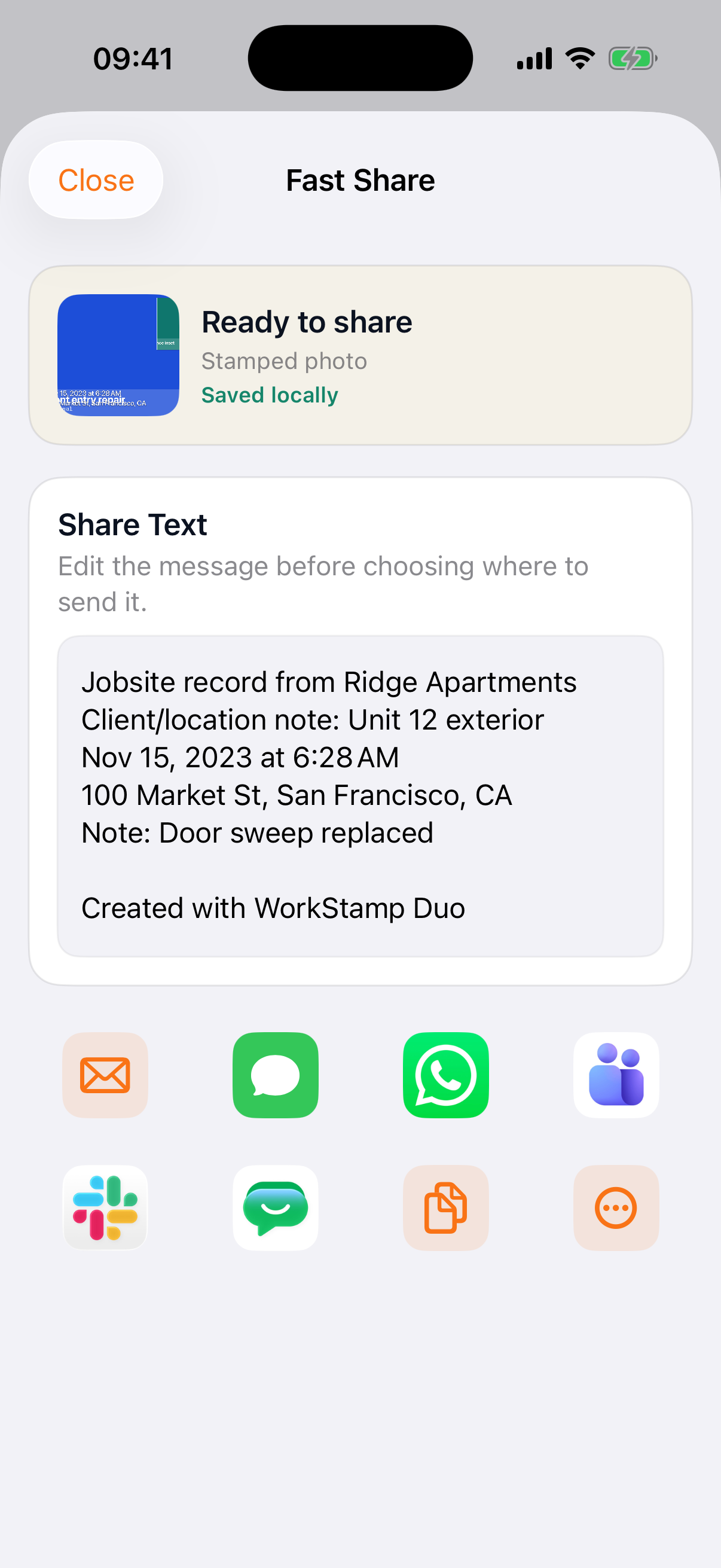 WorkStamp Duo Fast Share screen
