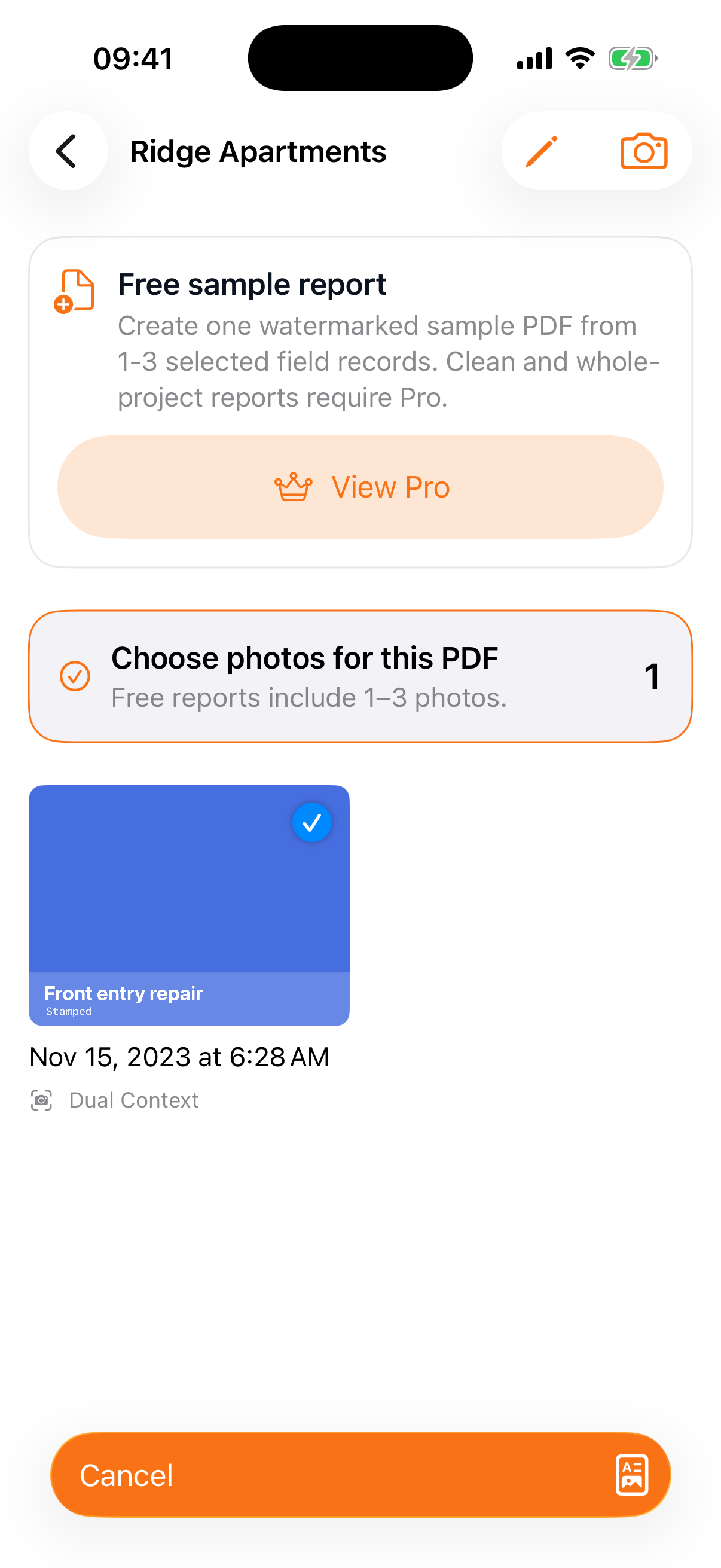 WorkStamp Duo PDF report selection screen