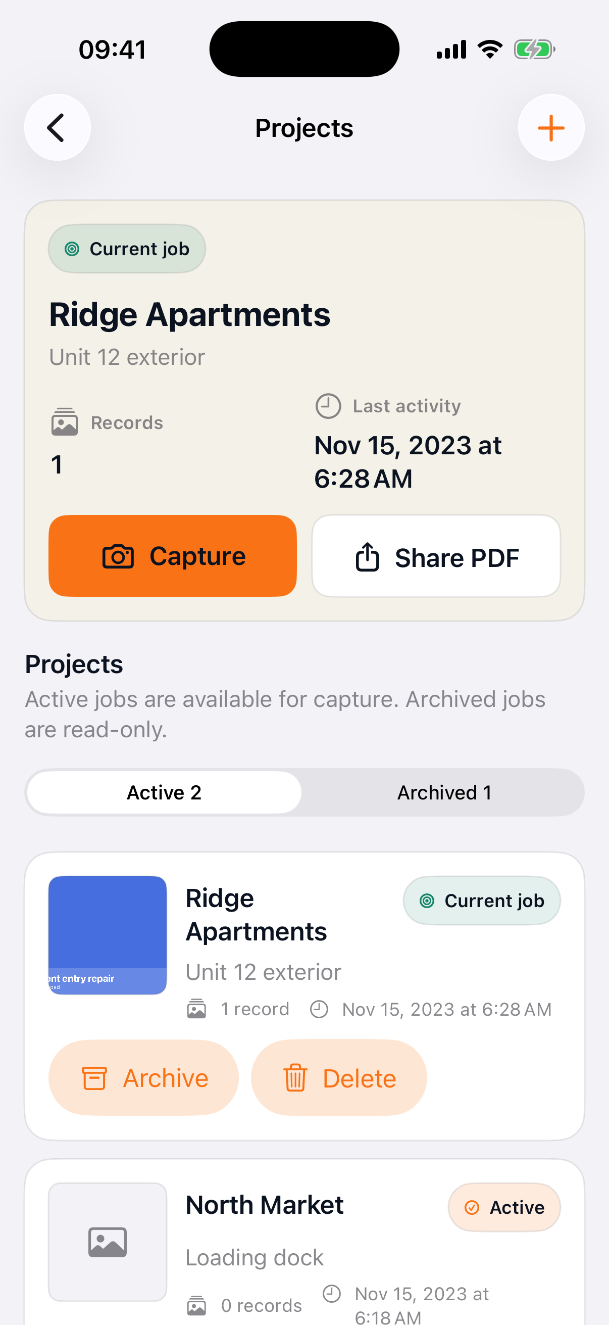 WorkStamp Duo Projects screen in English